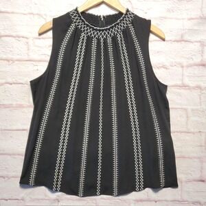 White House Black Market Shirt Womens 10 Black Embroidered Mock Neck‎ Sleeveless